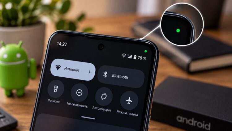 Зелёная точка на экране телефона Android. Фото.