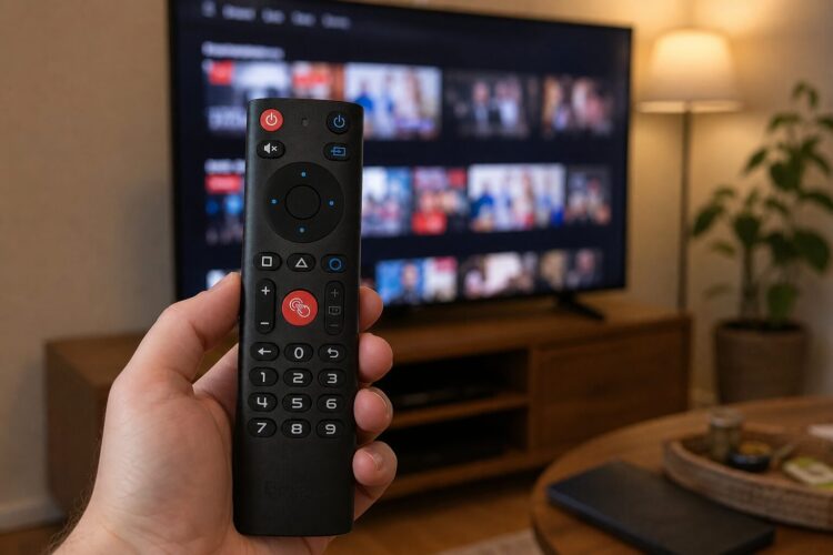 Пульт BOXPUT BPR3S Plus в руке перед телевизором