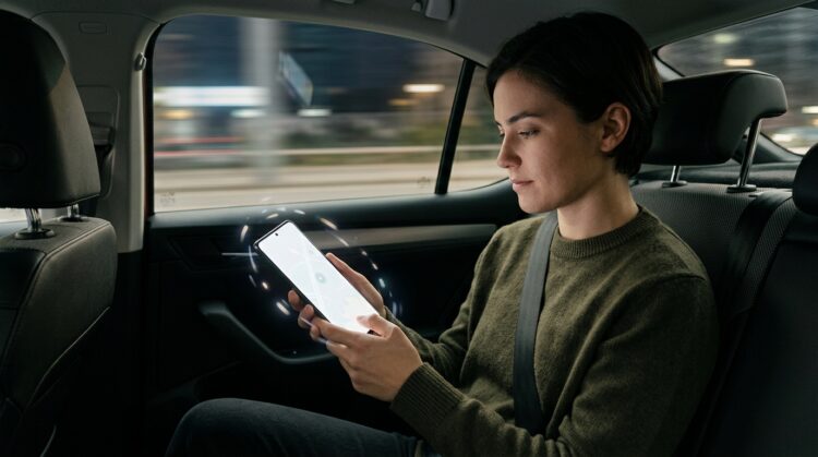 A person sitting in a moving car looking at a smartphone with subtle motion indicators around the screen edges