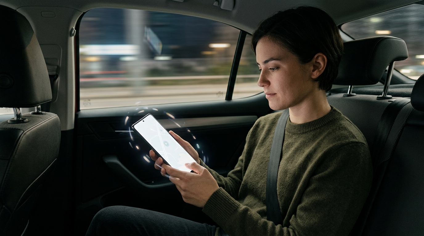 A person sitting in a moving car looking at a smartphone with subtle motion indicators around the screen edges