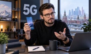 Мужчина со смартфоном, который поддерживает 5G