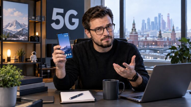 Мужчина со смартфоном, который поддерживает 5G