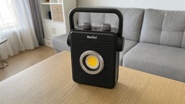 Фонарь NexTool с ручкой и двумя регуляторами на столе. Фото.