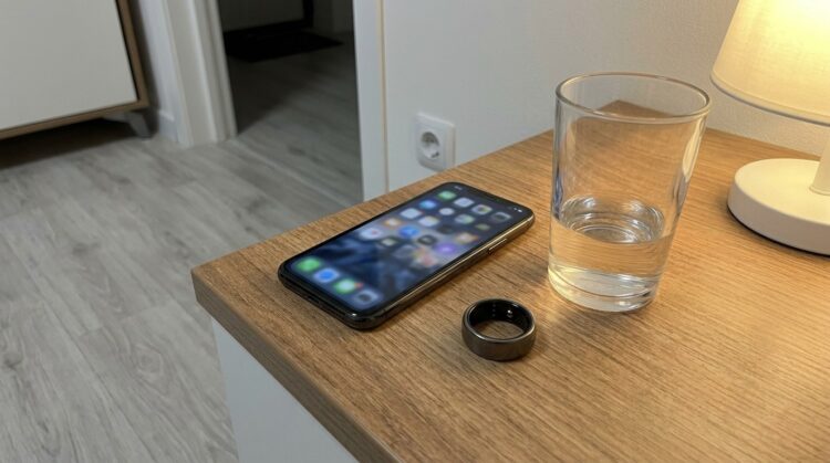Кольцо Smart Ring ECG на тумбочке рядом со смартфоном