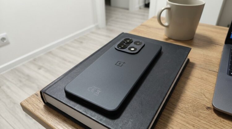 Смартфон OnePlus 15 задней панелью вверх на блокноте