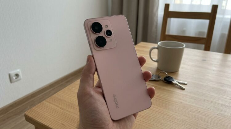 Смартфон Realme в розовом корпусе, блок камер крупным планом