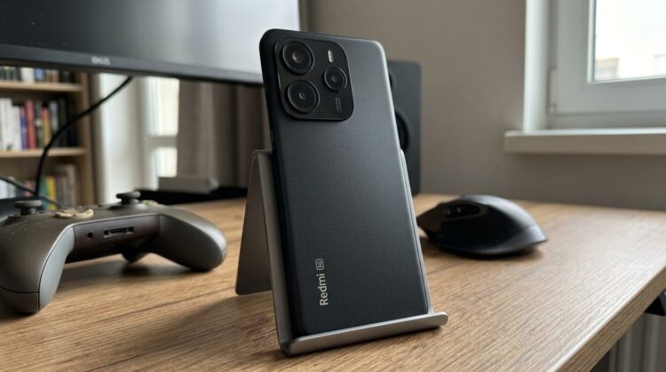 Смартфон Redmi на подставке, вид на камеру