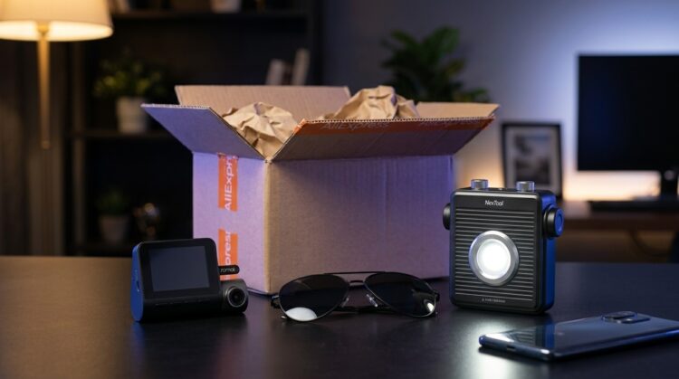 Гаджеты Xiaomi и коробка AliExpress на столе. Фото.