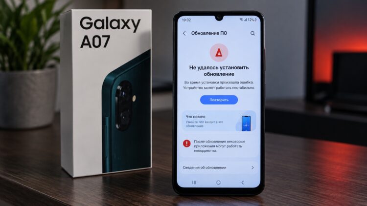 Ошибка обновления на Galaxy A07. Фото.