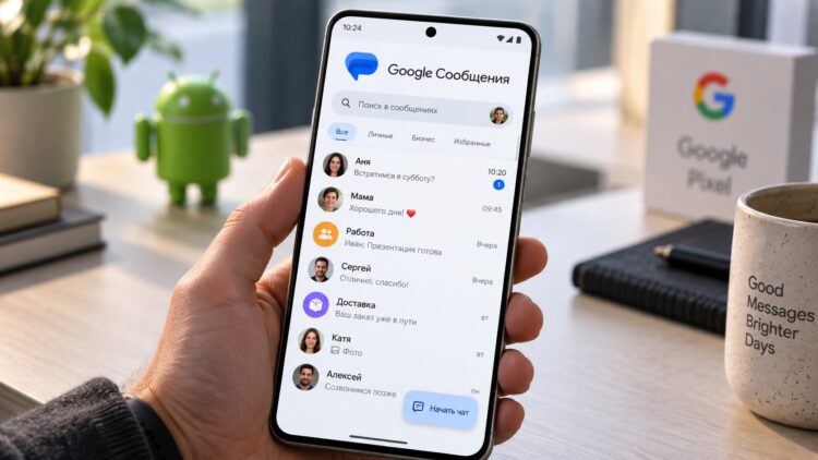 Приложение Google Сообщения на смартфоне Android. Фото.
