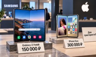 Galaxy Z Fold8 рядом с iPhone Duo в магазине