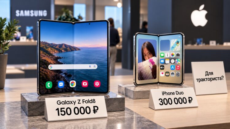 Galaxy Z Fold8 рядом с iPhone Duo в магазине. Фото.