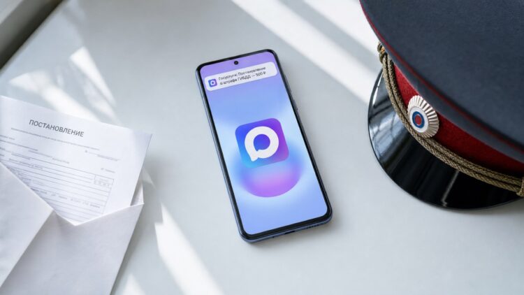 Уведомление MAX о штрафе, бланк постановления и фуражка ДПС