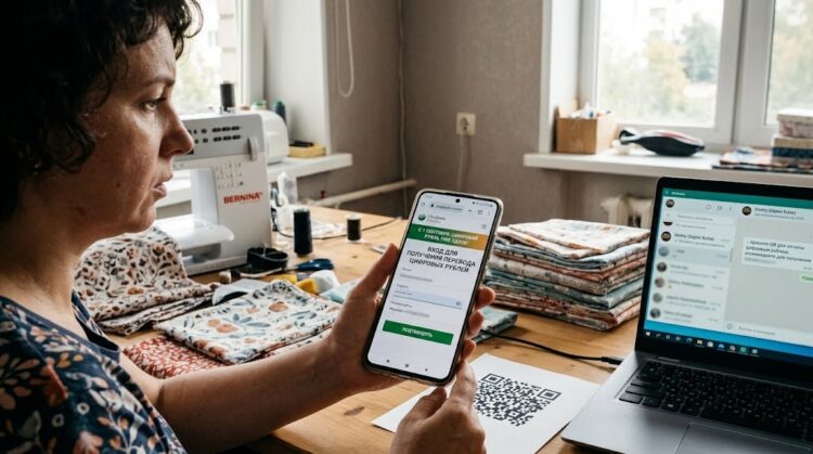 Женщина сканирует QR в надежде получить цифровые рубли