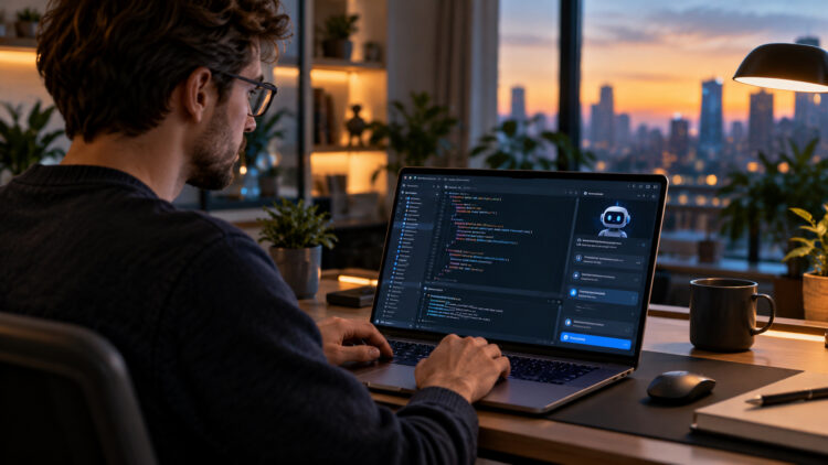 Разработчик за ноутбуком с открытой IDE, рядом панель AI-агента