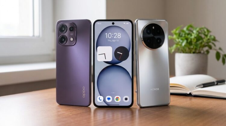 Смартфоны Oppo и Honor на столе рядом друг с другом