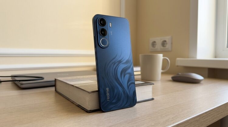 Смартфон Realme с узорчатой задней панелью на книге