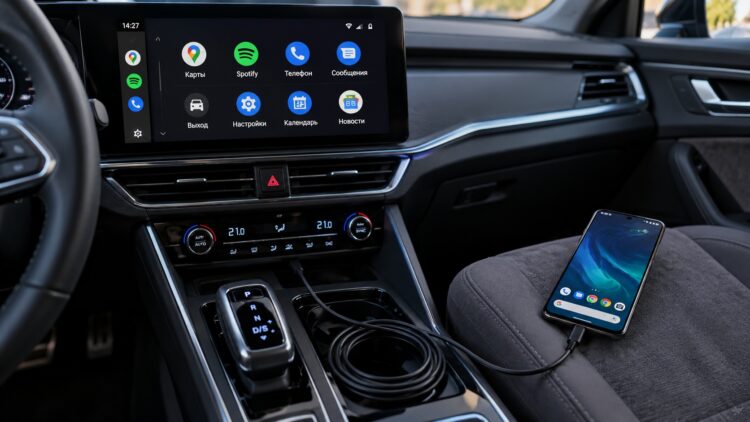 Смартфон подключён к Android Auto по длинному кабелю