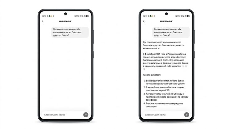 Ответ нейросети ГигаЧат о внесении наличных в приложении СберБанк Онлайн
