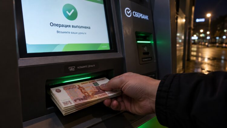 Человек снимает деньги в банкомате