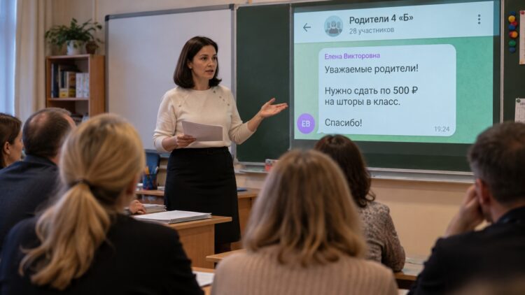 Учитель показывает сообщение с просьбой сдать деньги на шторы
