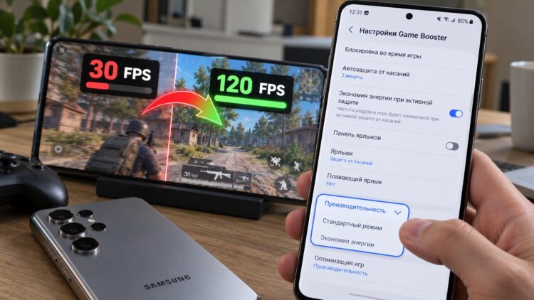 Переключение настроек Game Booster на смартфоне Samsung