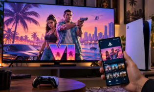 GTA VI на экране PS5 и Android-смартфон с открытым PS App
