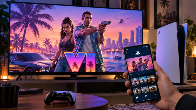 GTA VI на экране PS5 и Android-смартфон с открытым PS App