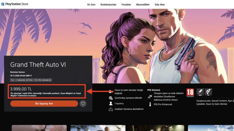 Стоимость стандартного издания GTA VI в турецком PS Store