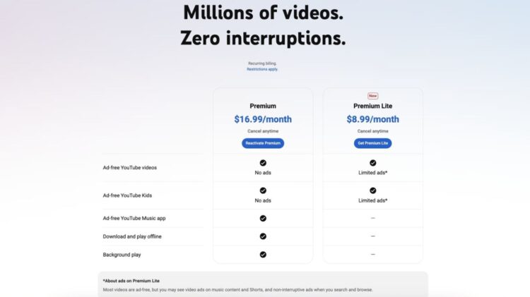 Функции YouTube Premium Lite