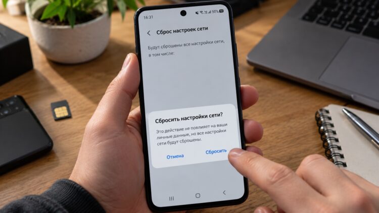 Человек сбрасывает настройки сети на Android