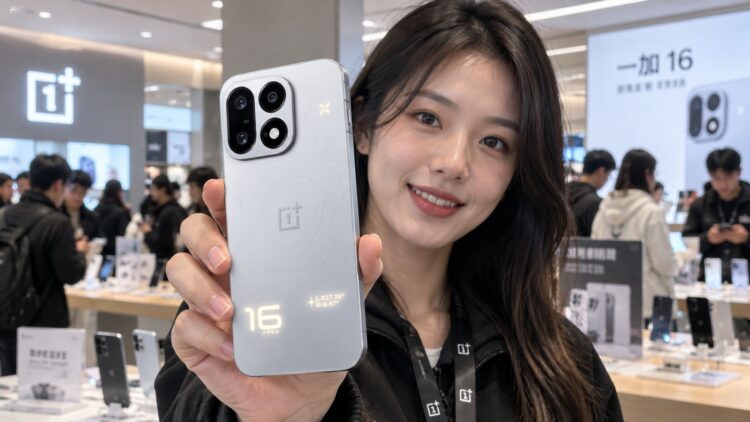 Девушка со смартфоном OnePlus 16 в серебристом цвете