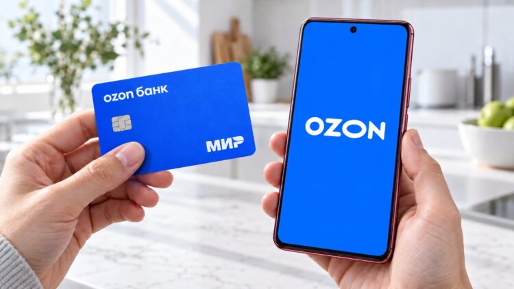 Ozon на экране и банковская карта в руках