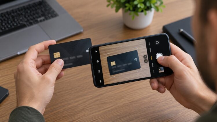 Человек фотографирует банковскую карту на смартфон