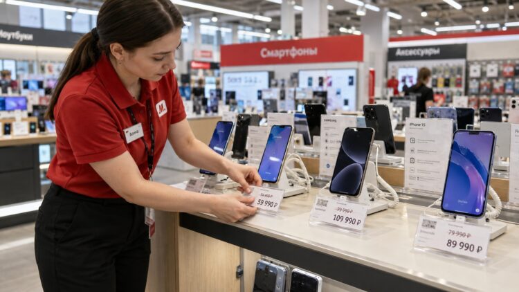 Консультант меняет ценники на смартфоны в магазине