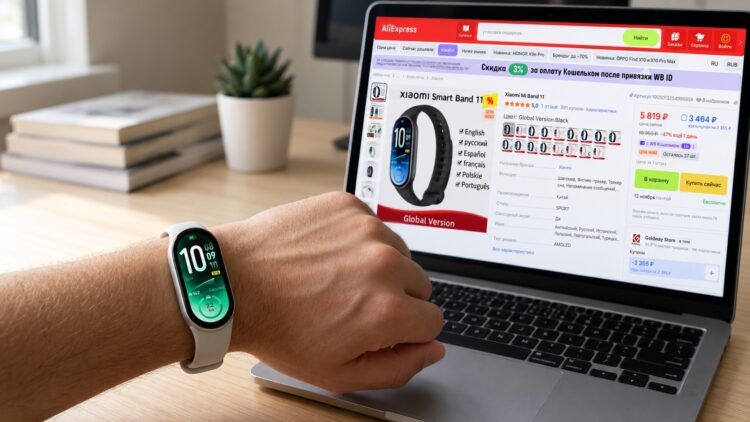 Фитнес-браслет Xiaomi Smart Band 11 и карточка товара на AliExpress